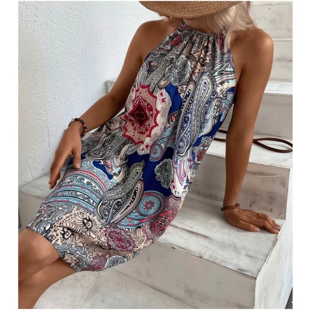 Boho Floral Paisley Halter Mini Dress - Picture 1 of 13